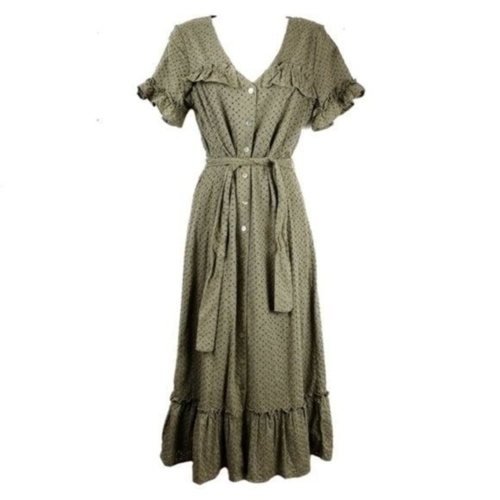 First Monday Womens Green Tie Waist Ruffle Eyelet Midi Dress Size XS NWT